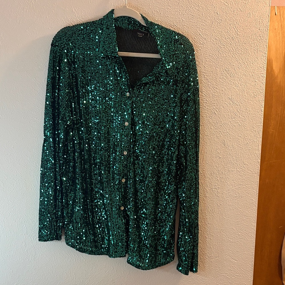 Vici Green Sequin Button Down Shirt - image 1
